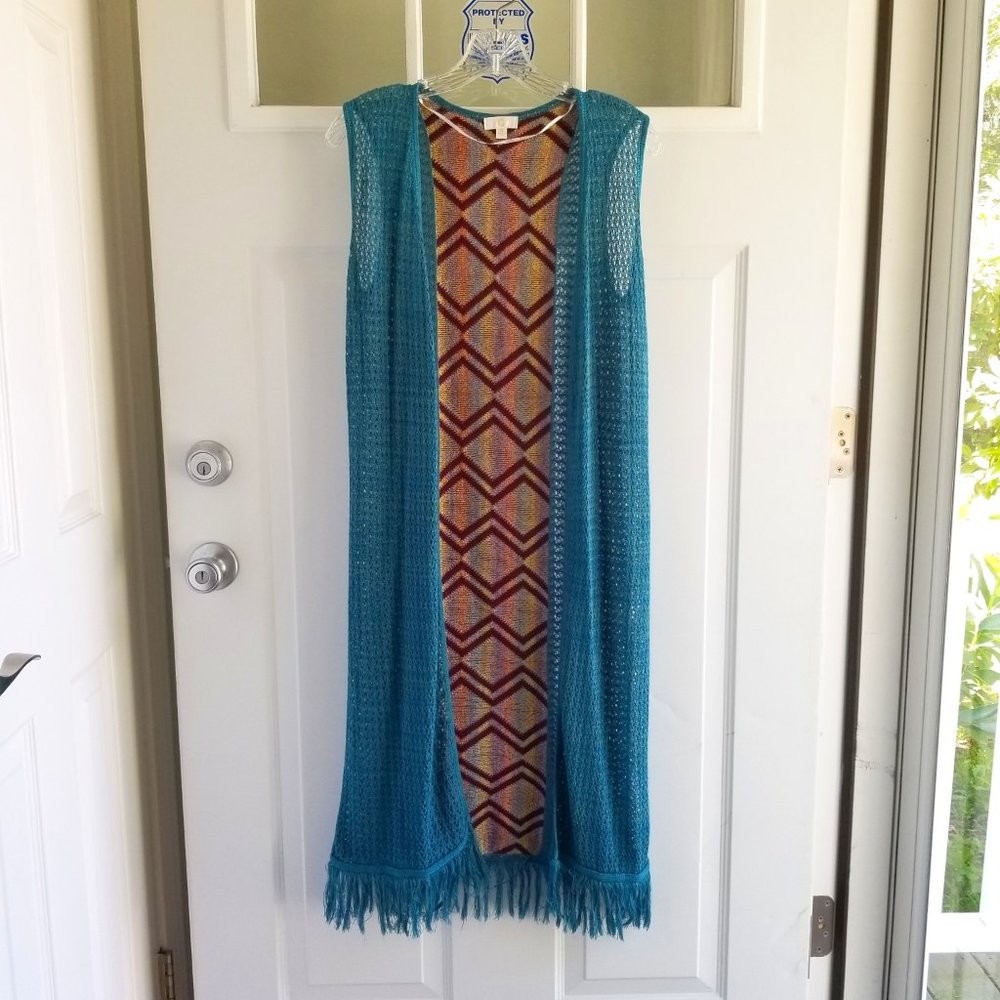 Charming Charlie Sleeveless Open Knit Cardigan w/Fringe - Sz S